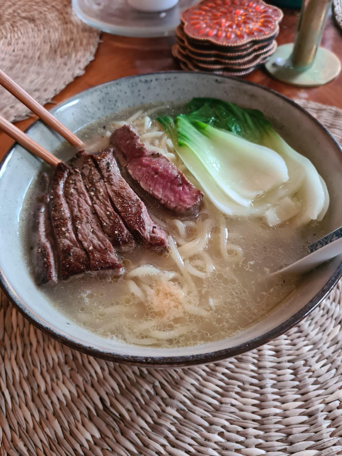 Chicken stock Ramen with beef slices. 9GAG