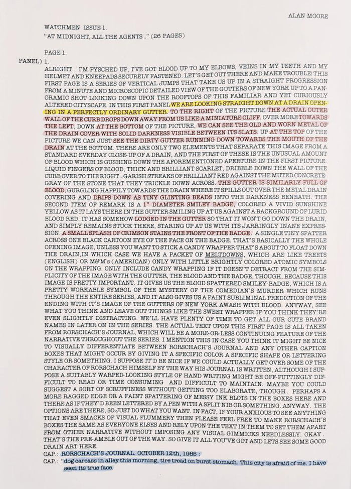 Alan Moore's original script for Watchmen. Issue 1. Page 1. Panel 1. - 9GAG