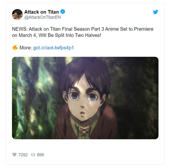 Attack on Titan Final Season Part 3 will be split into two parts