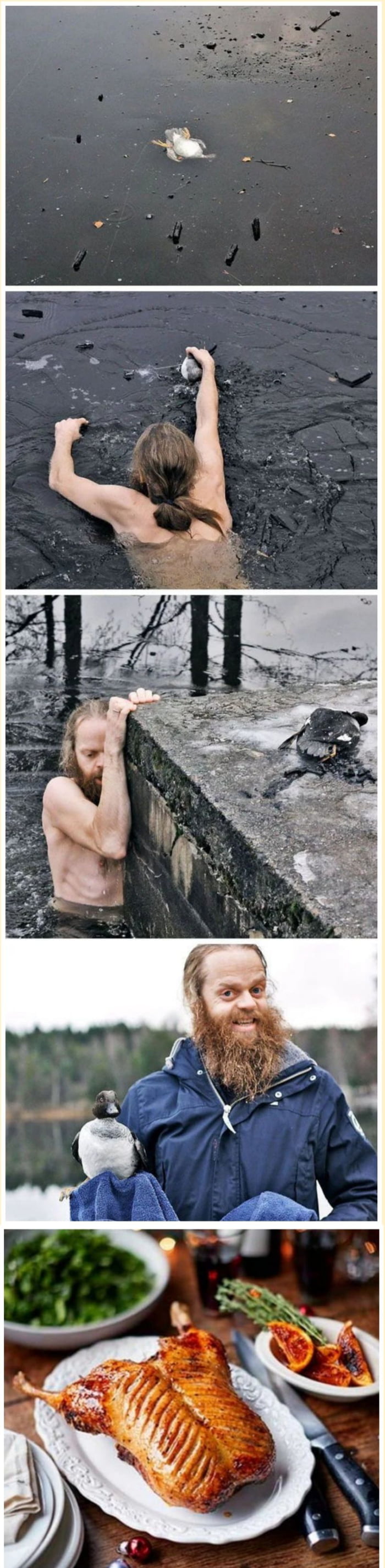 Man saves duck from freezing water 9GAG