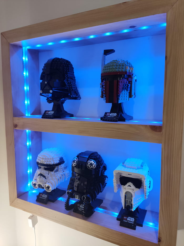 Custom built pine display box for Lego helmets, with recessed channels ...