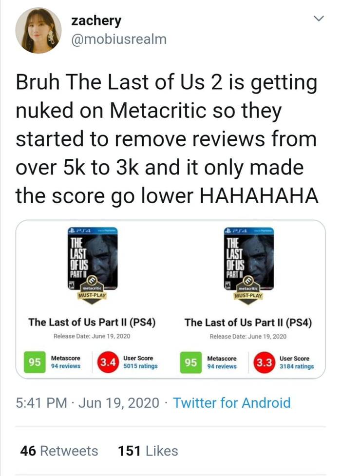 Bruh The Last of Us 2 is getting nuked on Metacritic so they started to  remove reviews from over 5k to 3k and it only made the score go lower  HAHAHAHA The