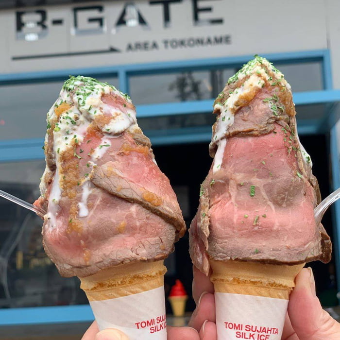 Roast beef served in an ice cream cone 9GAG