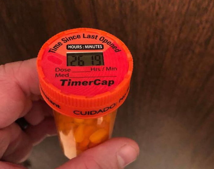 A pill bottle with a date on it indicating when it was last opened 9GAG