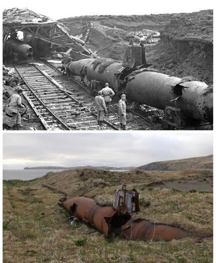 Captured Japanese mini submarine in the Aleutian Islands, 1943 and 2021 ...