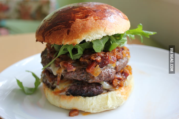 The Best Burger: two sirloin patties, gruyere, bacon-onion jam, arugula ...