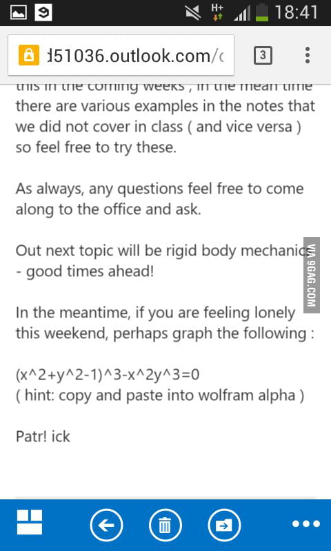 So My Applied Maths Lecturer Emailed Me To Graph This On Valentines Day X 2 Y 2 1 3 X 2y 3 0 9gag