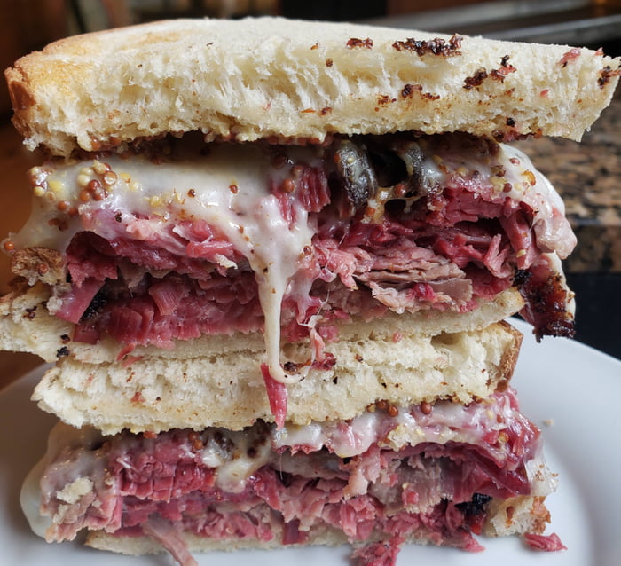 Homemade smoked pastrami on toasted sourdough with whole grain garlic