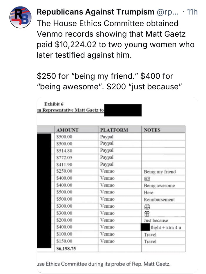 Gaetz Chart Record of Matt Gaetz paying off 2 young women! - 9GAG