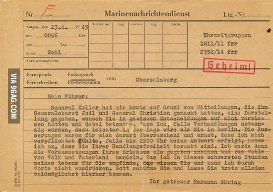 The telegram that drove Hitler to suicide, recently sold for $55,000 - 9GAG