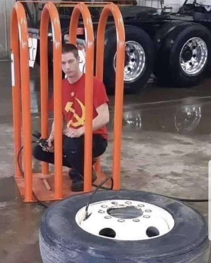 Boss Air that tire up and use the safety cage. Safety first!!! 9GAG