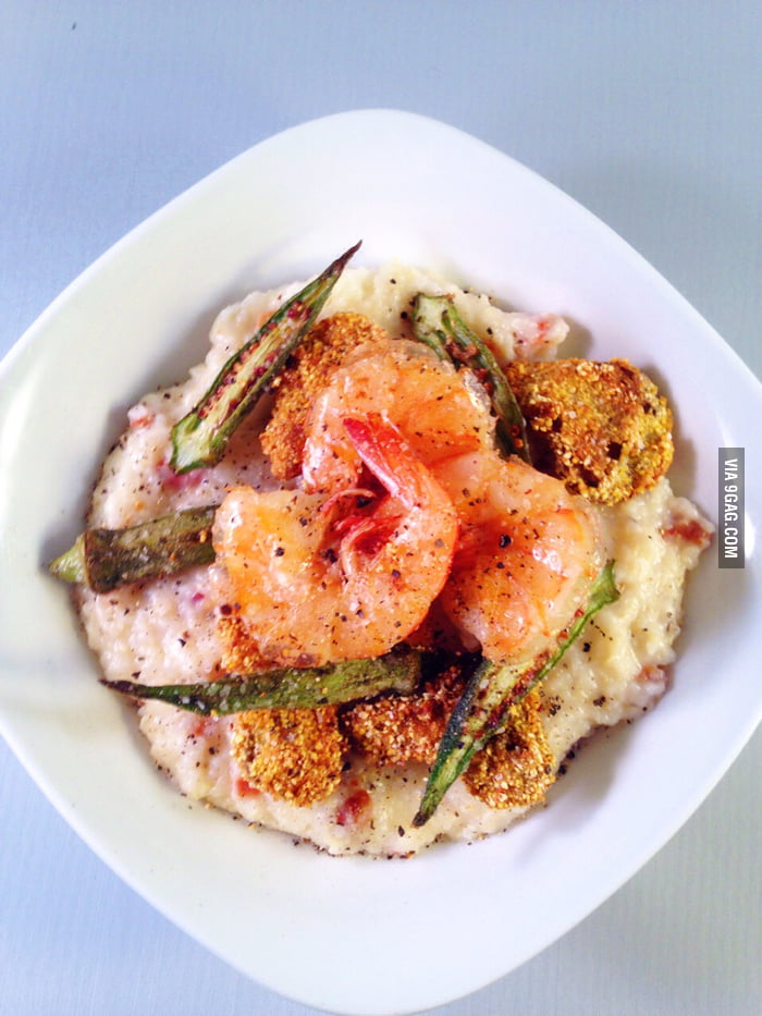 Cheese Grits with Shrimp, Roasted Okra, and Fried Oyster Mushrooms - 9GAG