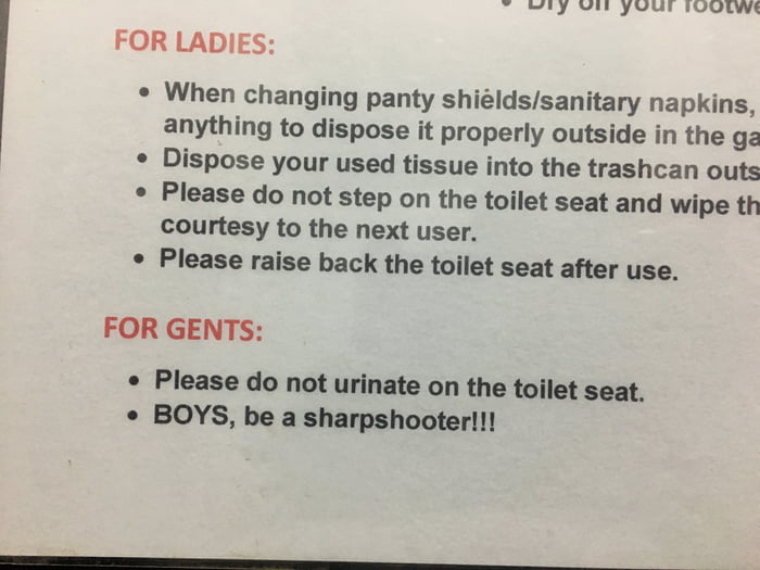 A toilet sign here in Philippines. Be a sharpshooter! - 9GAG