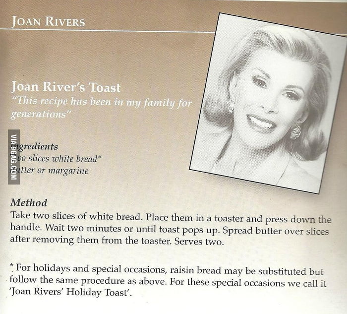 Joan Rivers was featured in a celebrity charity cookbook. This is her ...