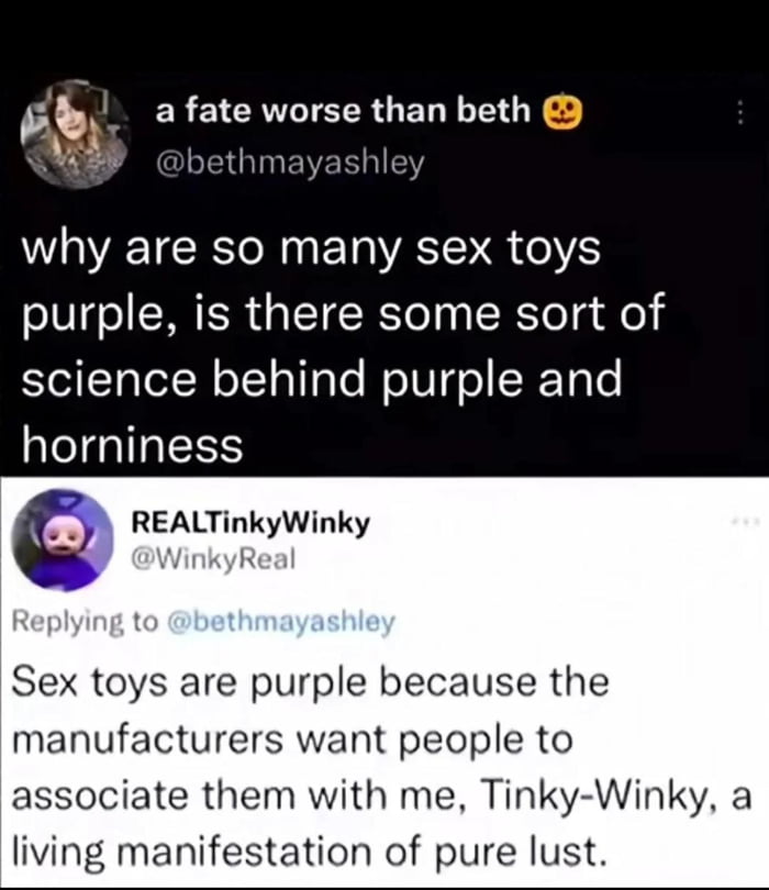 Tinky winky manifestation of lust. 9GAG