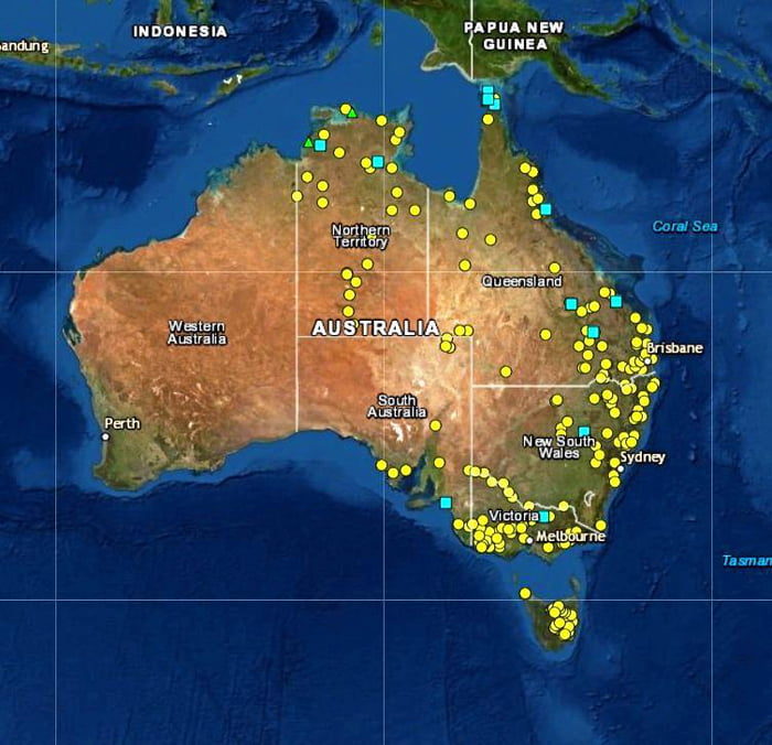 Each yellow spot represents massacres of Aborigines, notice most were