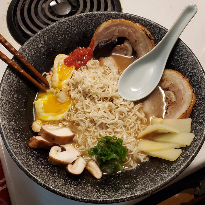 Tonkotsu broth with tare, chashu, marinated softboiled egg, black ...