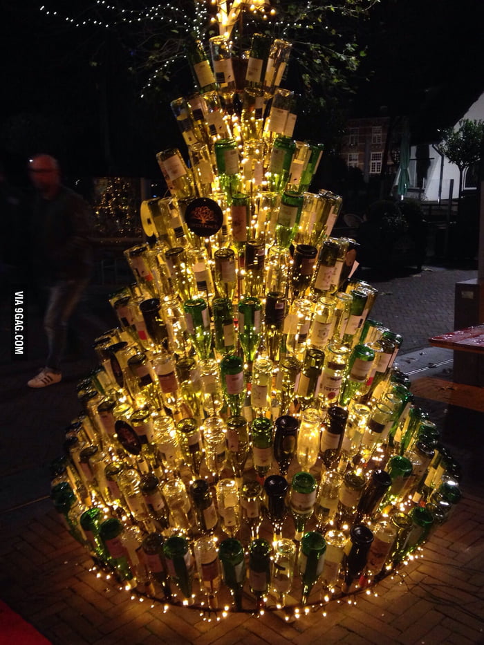 Christmastree made of empty wine bottles.. - 9GAG