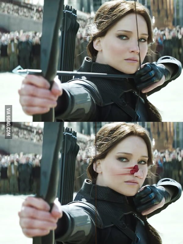 Katniss, this is NOT how you use a bow and it never will. 