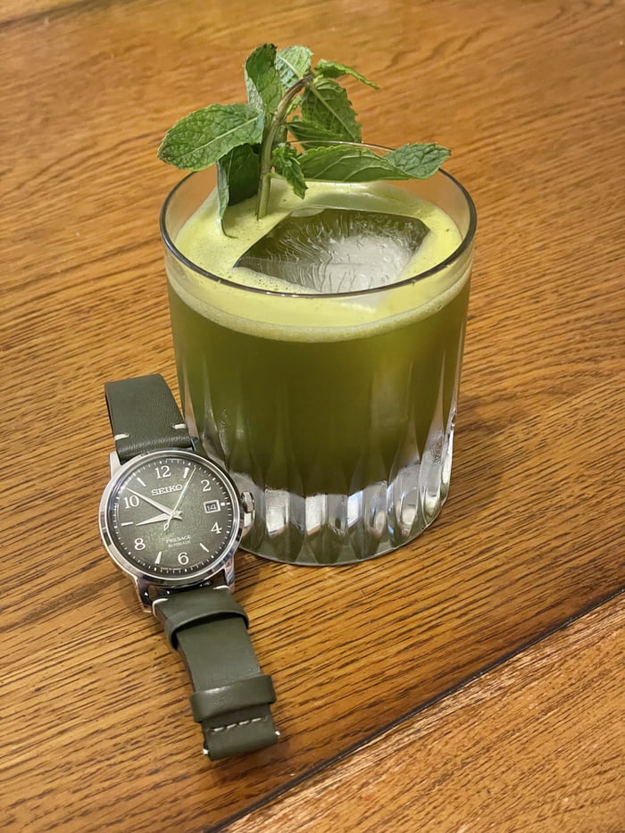 Gin matcha cocktail, with a Seiko Presage Matcha watch. - 9GAG