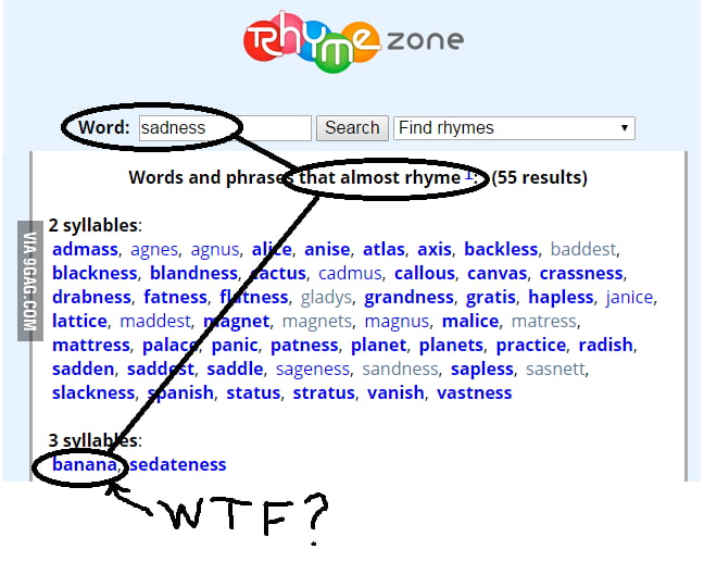 So I Was Looking For A Rhyme For The Word Sadness For A Song This Is What I Got In The Almost Rhyme Section For Scale 9gag almost rhyme section for scale 9gag