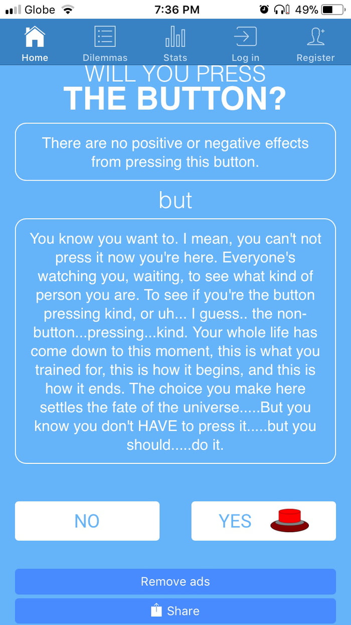 This has got to be the one of the best “Will You Press the Button”  questions I have ever seen. - 9GAG