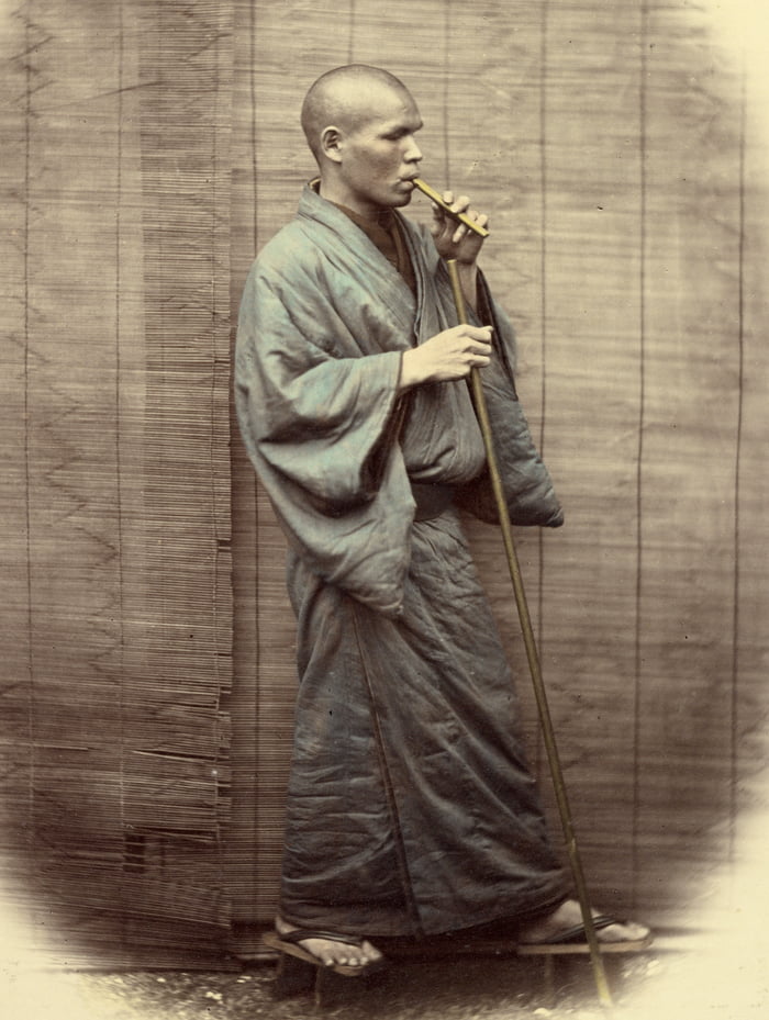 A blind Japanese amma (masseur) with whistle, 1867. Masseur was one of the few professions