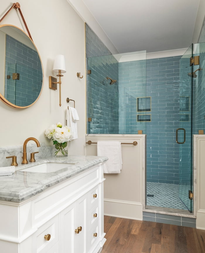 Shower with blue glass subway tiles, Charlotte, North Carolina - 9GAG