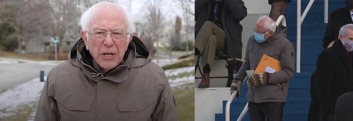 Bernie wearing the same jacket from his meme at the inauguration - 9GAG