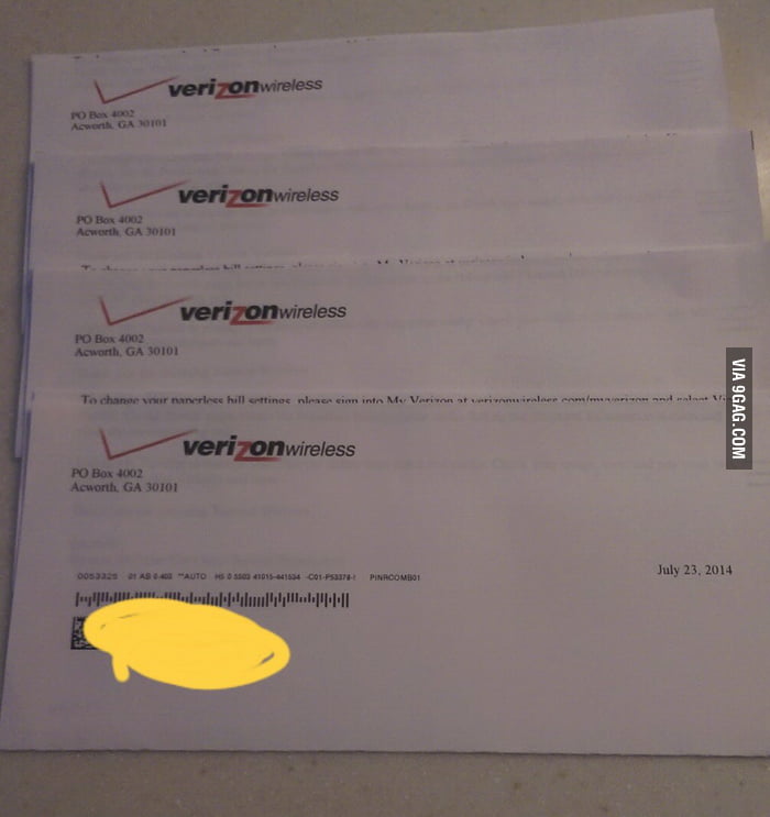 Verizon wanted to thank me for enrolling in paperless billing...4 times 9GAG