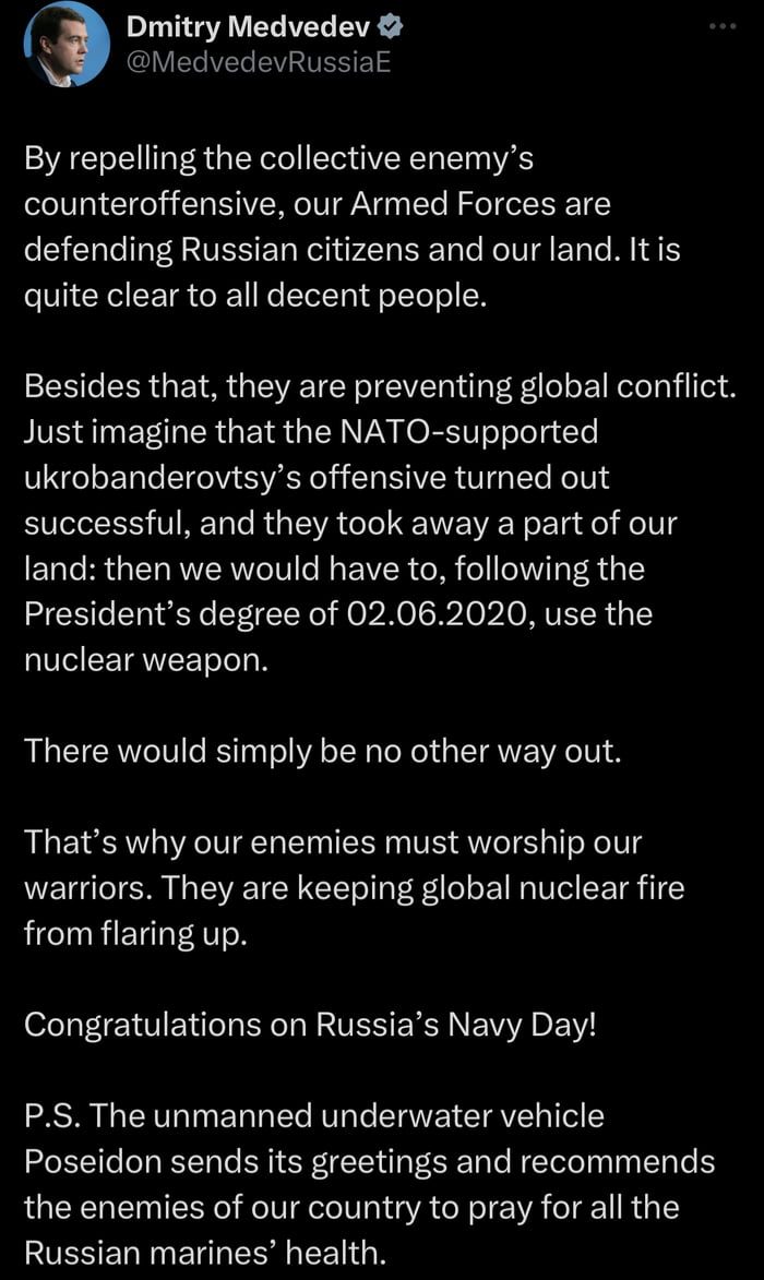 Medvedev, high on copium and krokodil, makes yet another nuclear threat