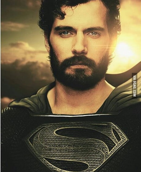 Superman In Justice League Movie Black Suit Beard And Long Hair