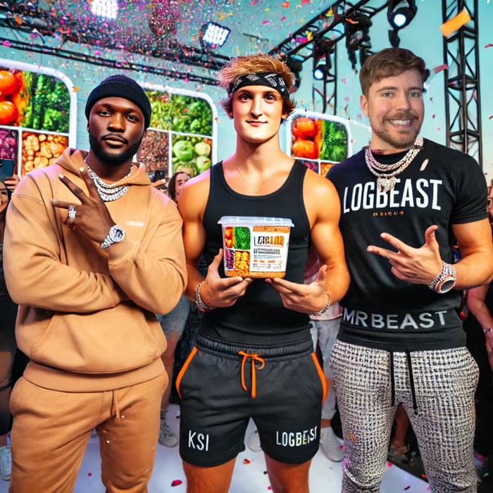 Mr. Beast, Logan Paul and KSI after creating a prepacked lunch