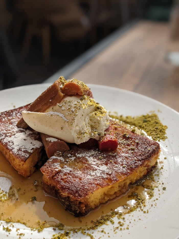 French Toast with Poached Rhubarb, Maple Cream and Pistachios 9GAG