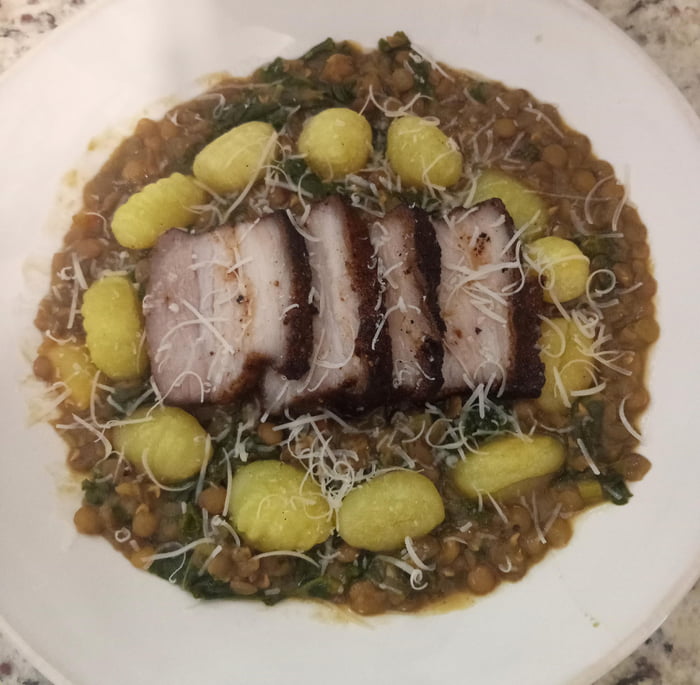 Roasted Pork Belly, Gnocchi Roasted in Pork Drippings, Lentil & Kale