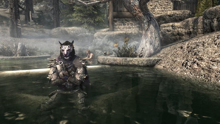 A screenshot of Inigo "relaxing" in the hot springs.