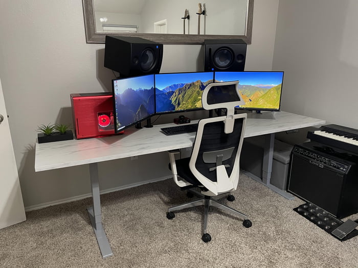Gaming Rig Stand Sit stand WFH/music studio/gaming rig. Been piecing this together for a ...