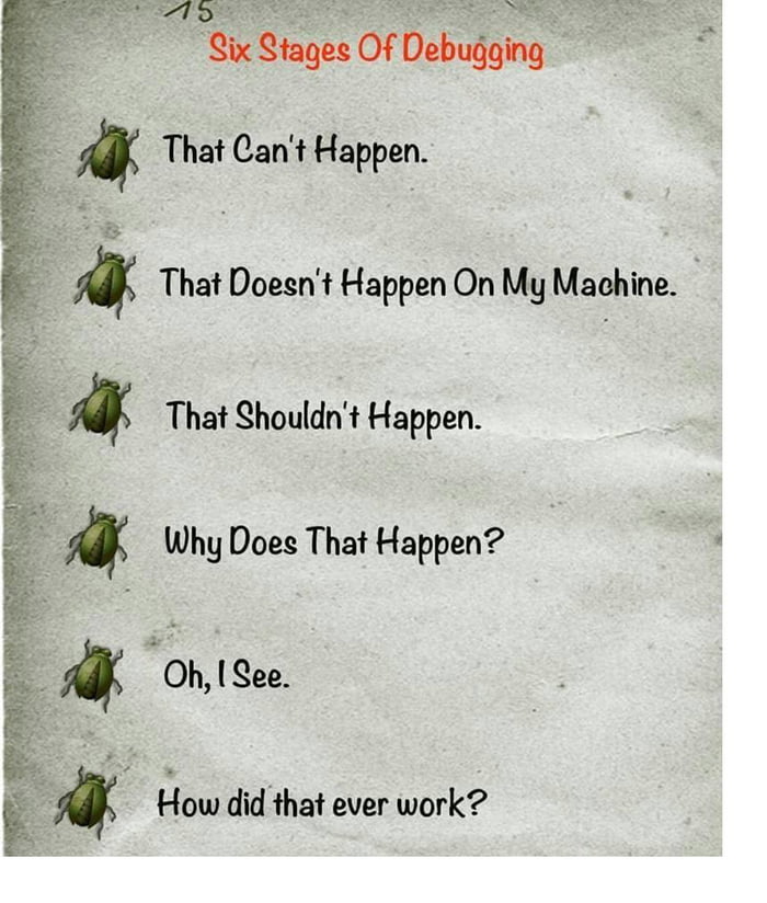 6 Stages of Debugging - 9GAG