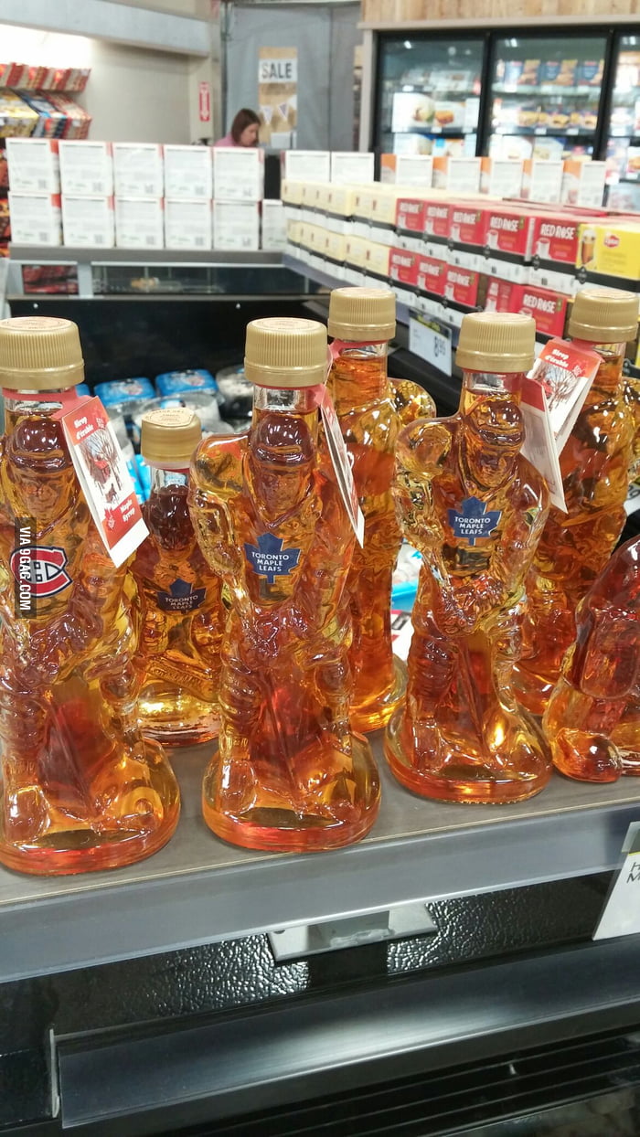 Hockey player shaped bottles of maple syrup. to Canada folks