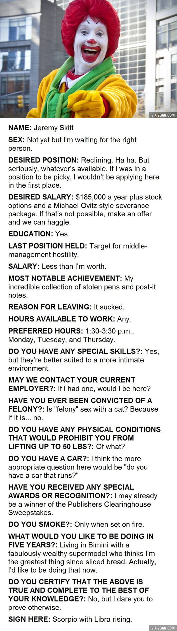 this is an actual job application submitted to a mcdonalds in funniest job application