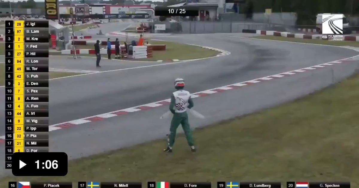 Kart driver throws his bumper fowards a fellow driver who crashed him