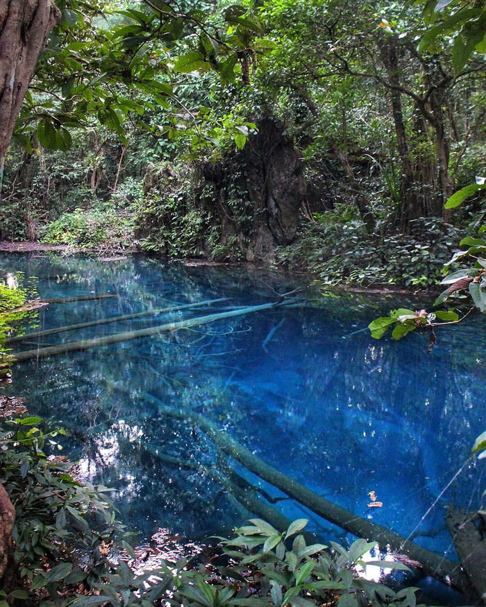 This pond contains high levels of copper sulphate which makes this blue. 9GAG