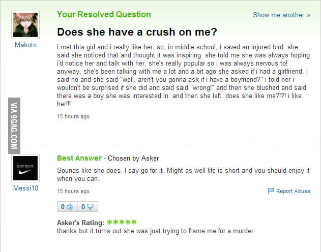 Does she have a crush on me? - 9GAG