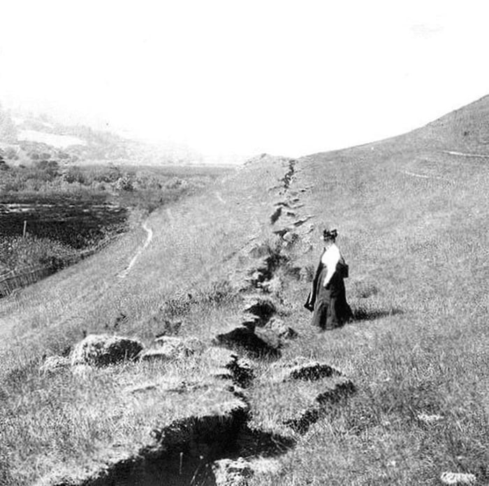 Noted Biologist Alice Eastwood Inspecting The Fault Fissure Left Behind ...