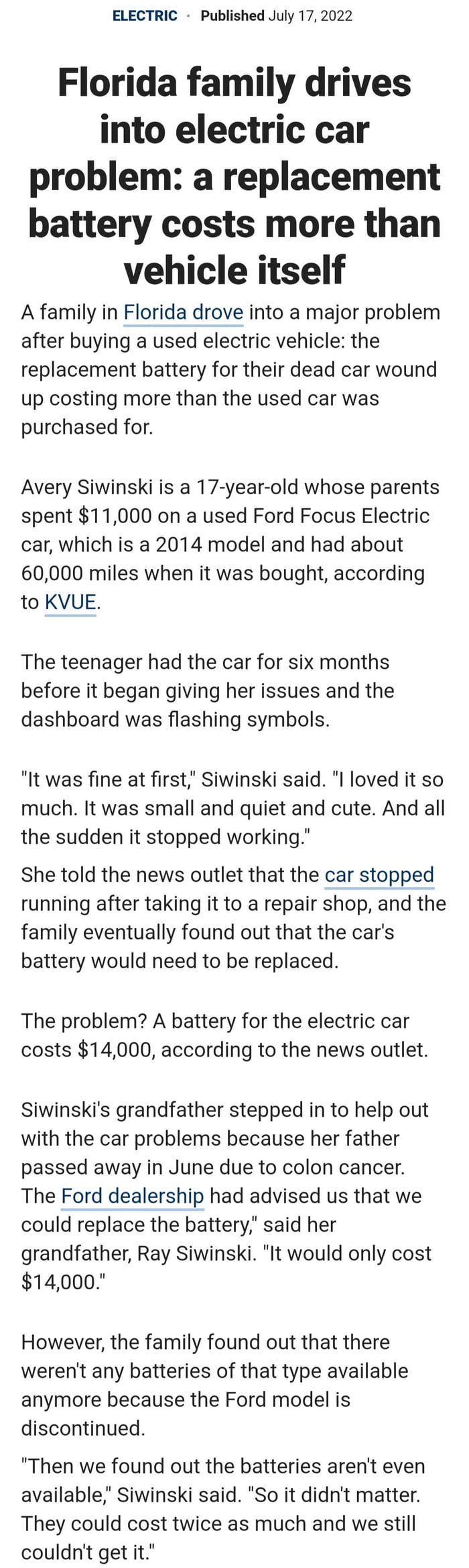 The replacement electric battery cost was more the car and is