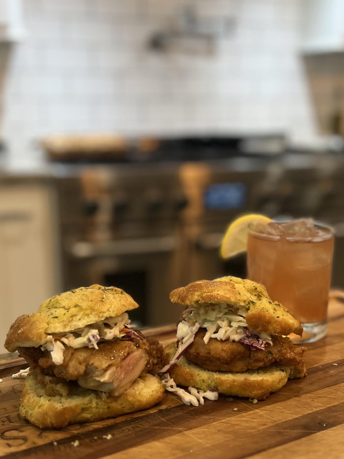 Homemade Garlic Herb Biscuits With Hot Honey Fried Chicken Thighs And