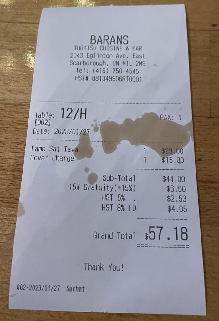 This “Cover Charge” that was billed on every item ordered and was not