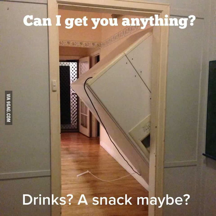 Would you like anything to drink. Холодильник заглядывает в комнату Мем. Is your Fridge Running.