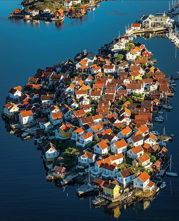 A drone photo of Swedens most densely populated Island, located in the