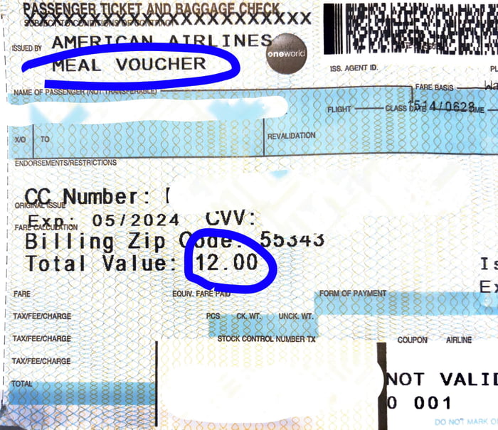 American Airlines food voucher for 24 hour delay. Calculates to 50